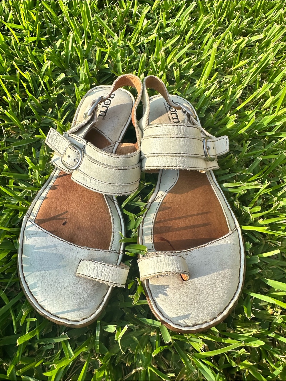 Born Cream Leather Buckle Strap Sandals